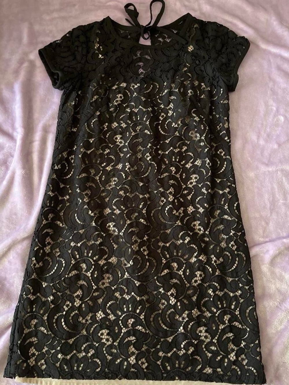 LOFT Black Lace A-Line Mini Dress with Tie-Back